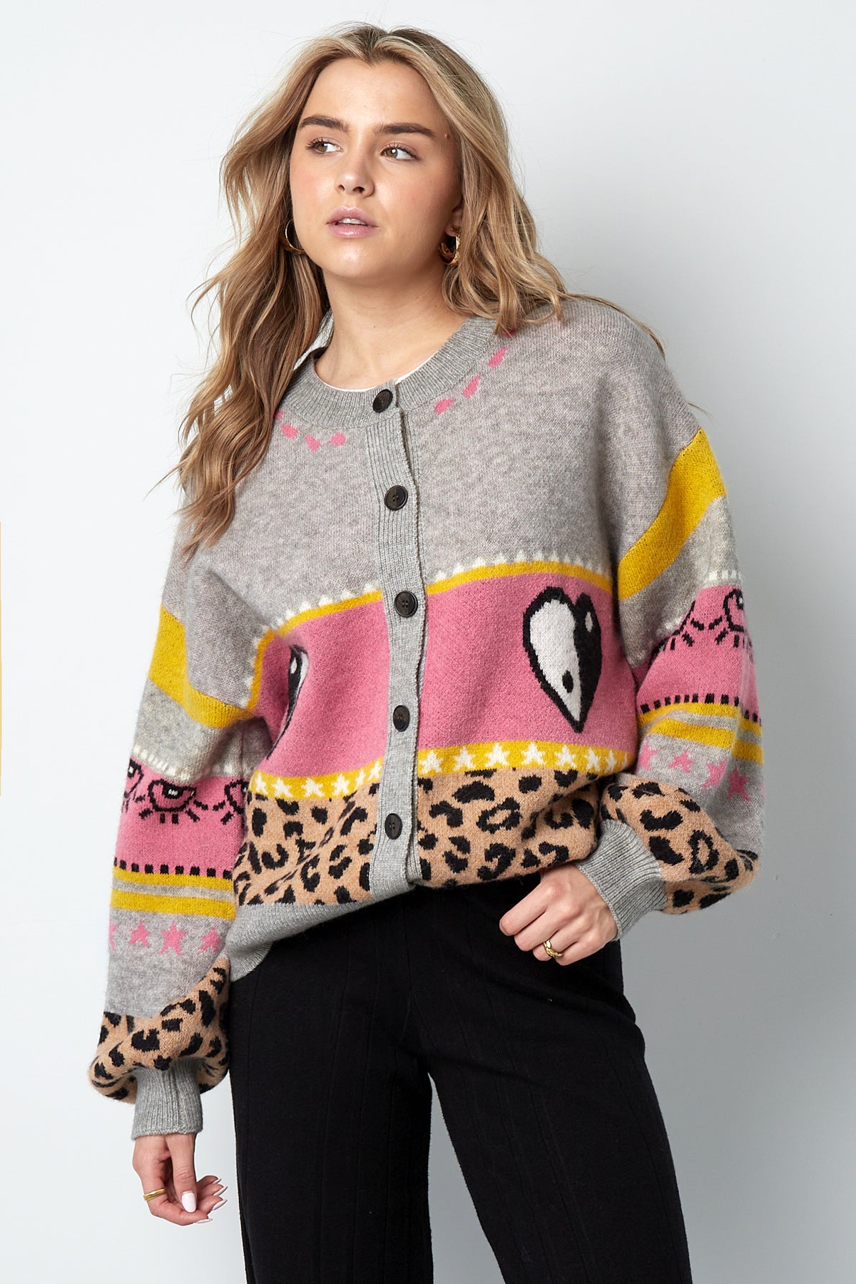 Knitted Wool Blend Women's Cardigan Oversized Patterned Design