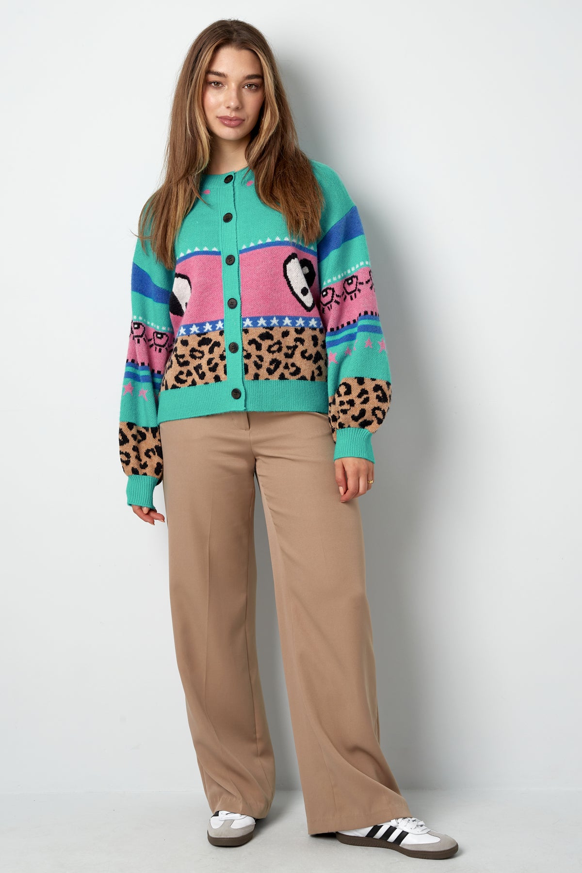 Knitted Wool Blend Women's Cardigan Oversized Patterned Design