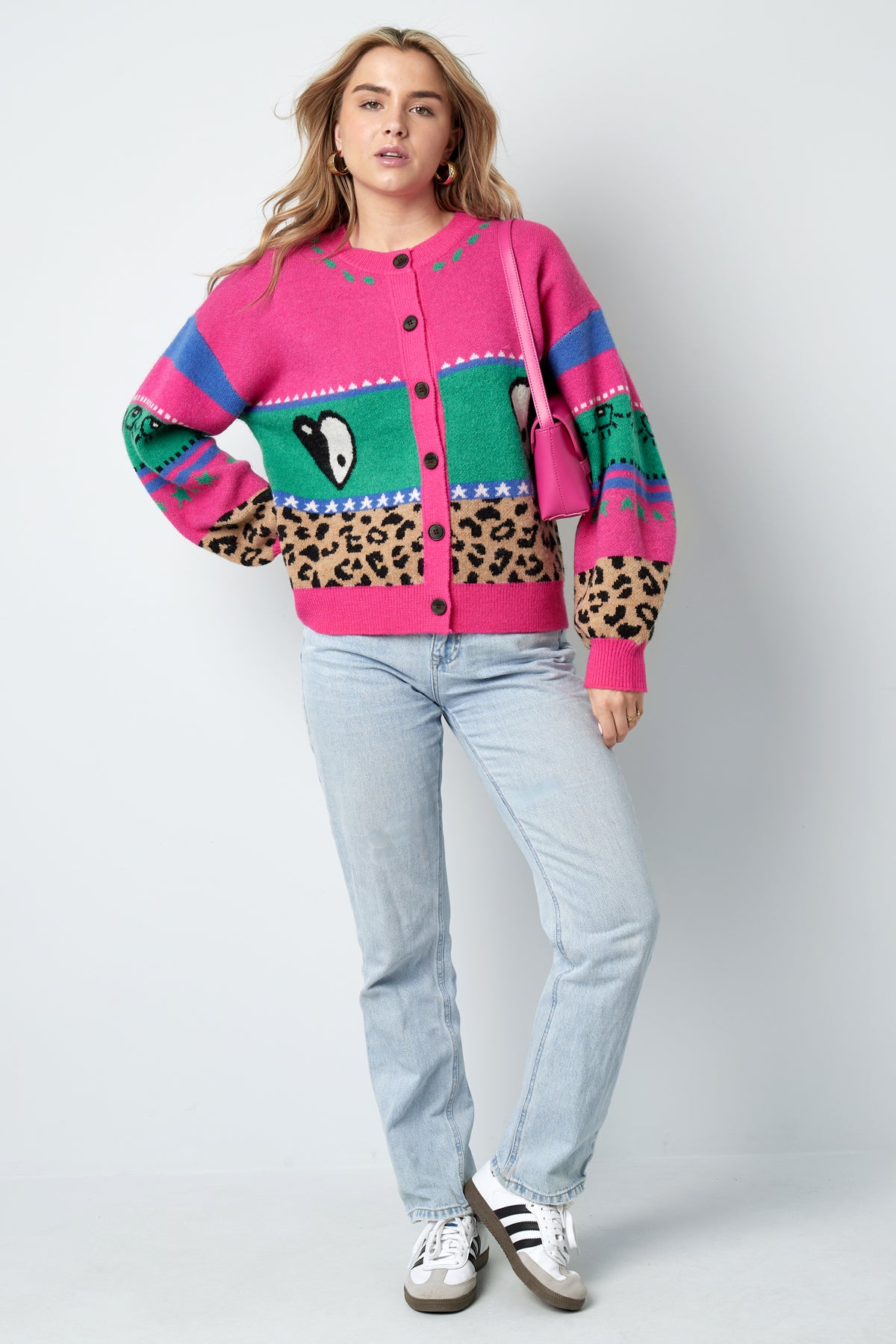 Knitted Wool Blend Women's Cardigan Oversized Patterned Design