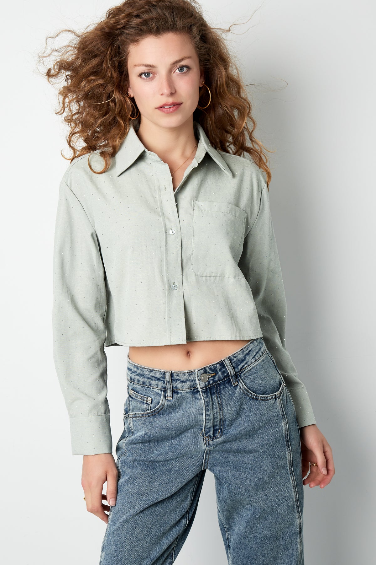 Cotton Women's Cropped Blouse Classic Button-Down