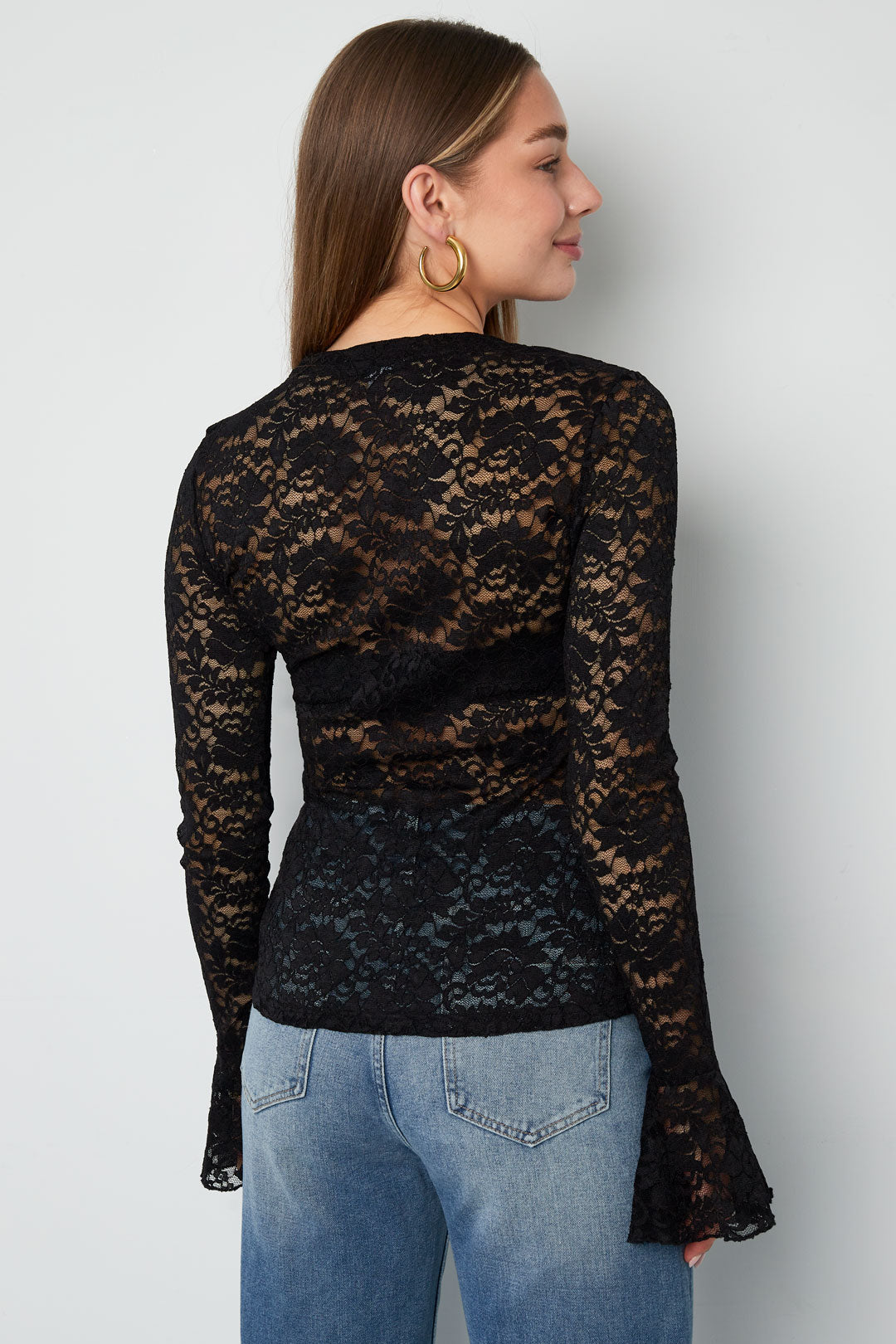 Woven Polyester Long Sleeve Tops Elegant Lace Panel