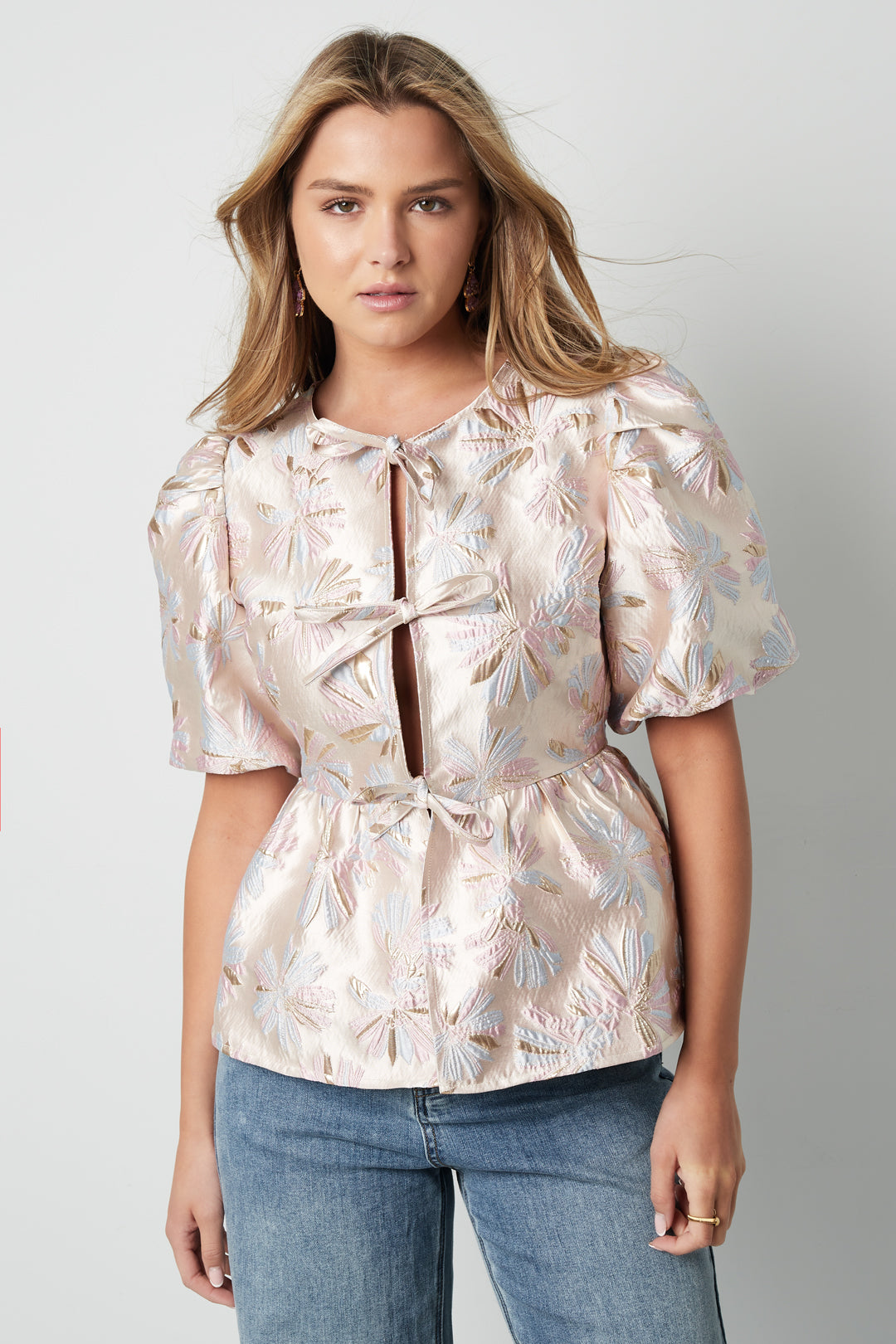 Woven Polyester Fiber Women's Short Sleeve Top Elegant Floral Print