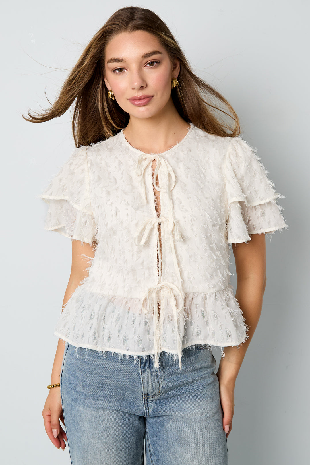 Woven Polyester Fiber Women's Short Sleeve Tops Elegant Tie-up Solid Color