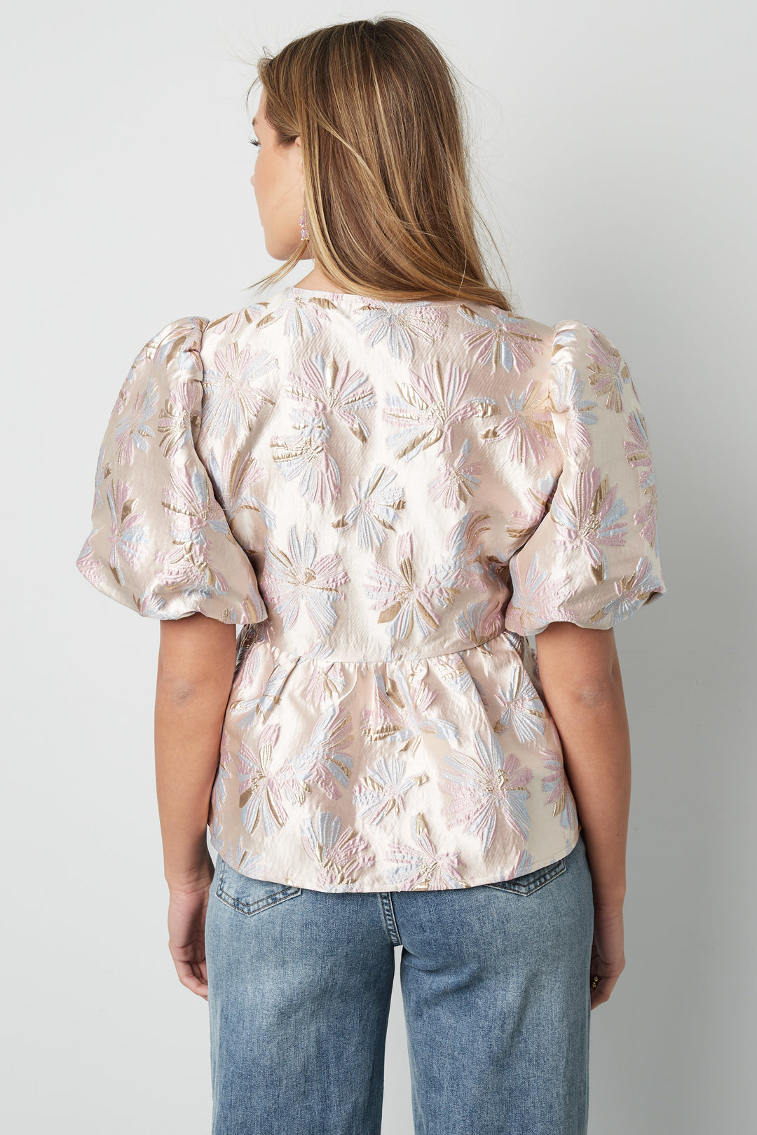 Woven Polyester Fiber Women's Short Sleeve Top Elegant Floral Print