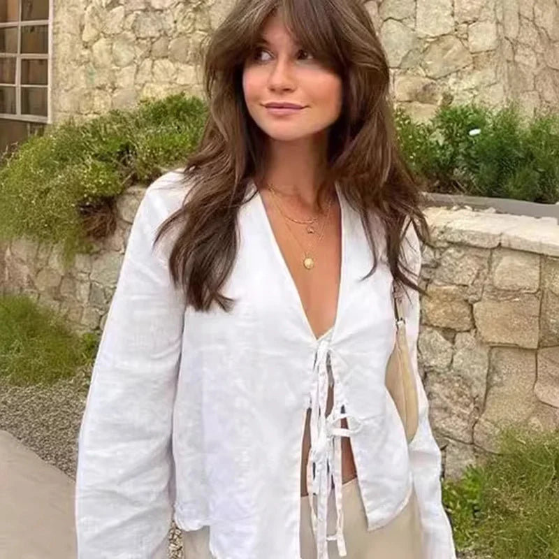 SeraMode - Loose Lace-up Bow V-neck Flare Sleeve Blouse