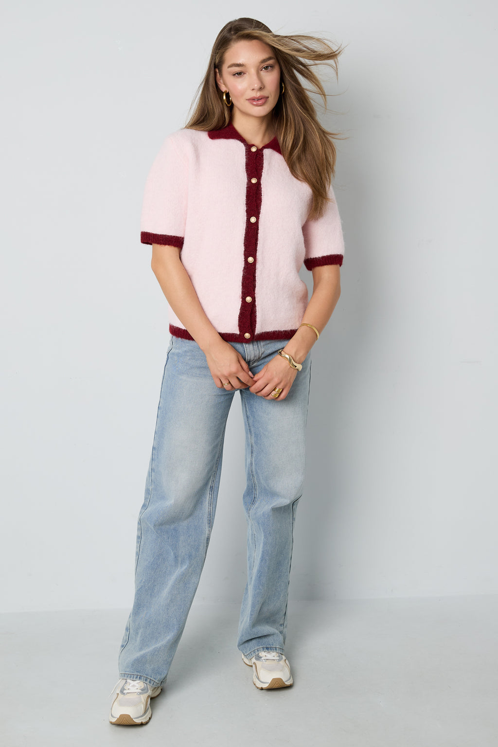 Knitted Polyester Fiber Women's Knit Cardigan Casual Color Clash