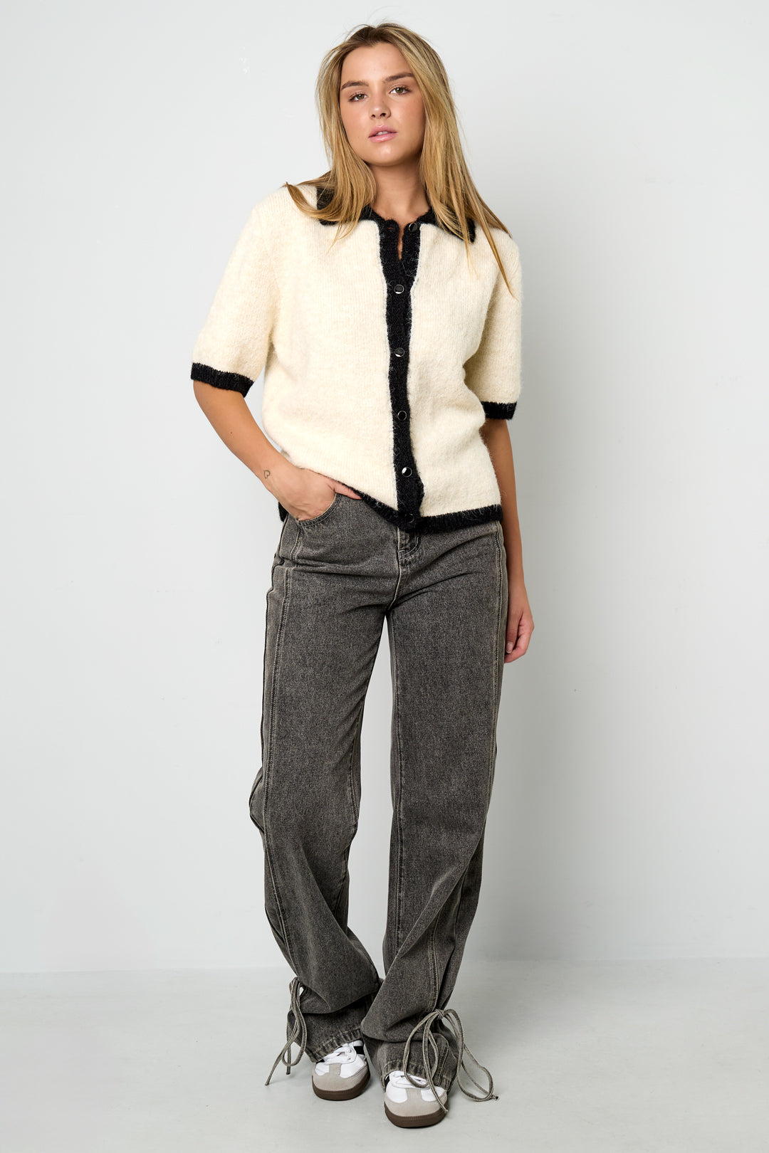 Knitted Polyester Fiber Women's Knit Cardigan Casual Color Clash