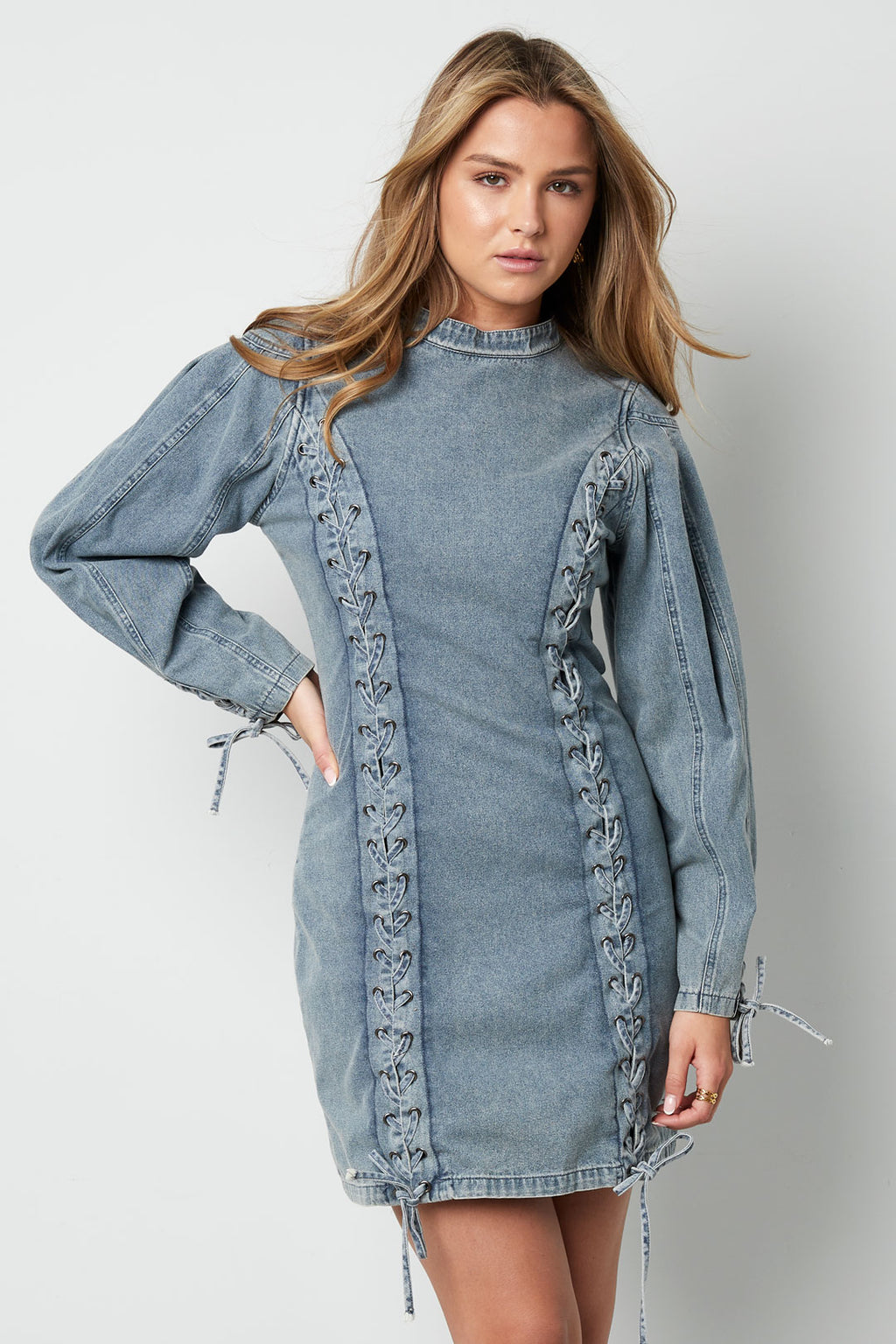 Cotton Woven Denim Dress Elegant Tie-up Solid Color